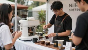 บริการกาแฟสดนอกสถานที่ บาริสต้ากำลังชงกาแฟในงานอีเวนท์