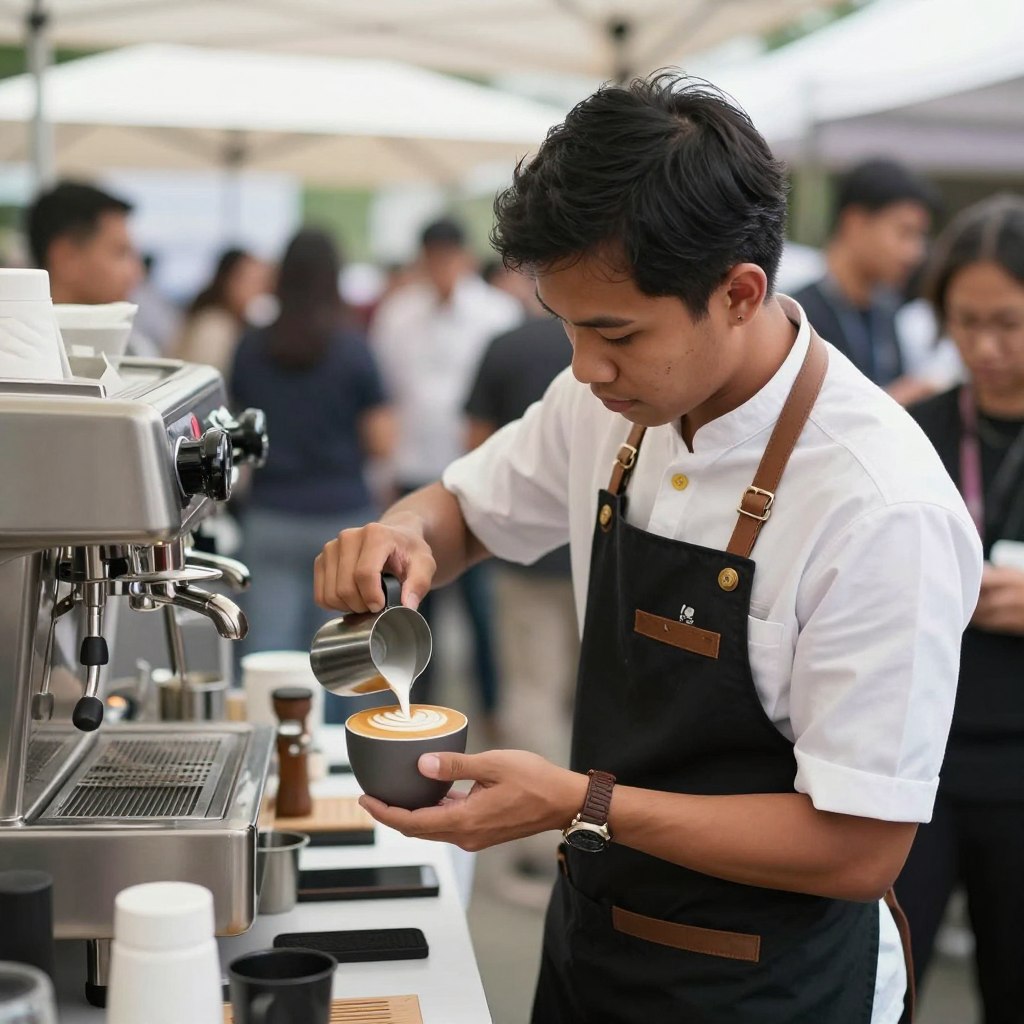 บาริสต้ามืออาชีพกำลังชงกาแฟสดในงานกาแฟนอกสถานที่ บาริสต้ามืออาชีพกำลังชงกาแฟสดในงานกาแฟนอกสถานที่